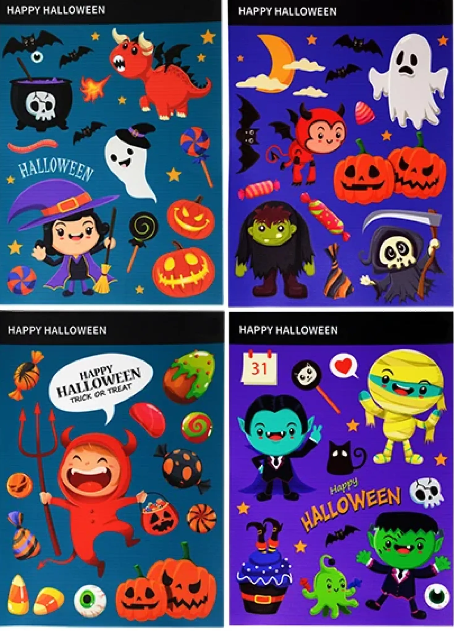 Halloween staattiset ikkunatarrat, lajitelma 4 erilaista
