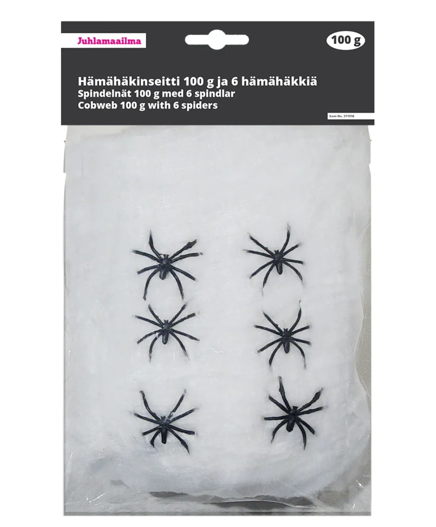 Hämähäkinseitti 100 g, valkoinen ja 6 hämähäkkiä
