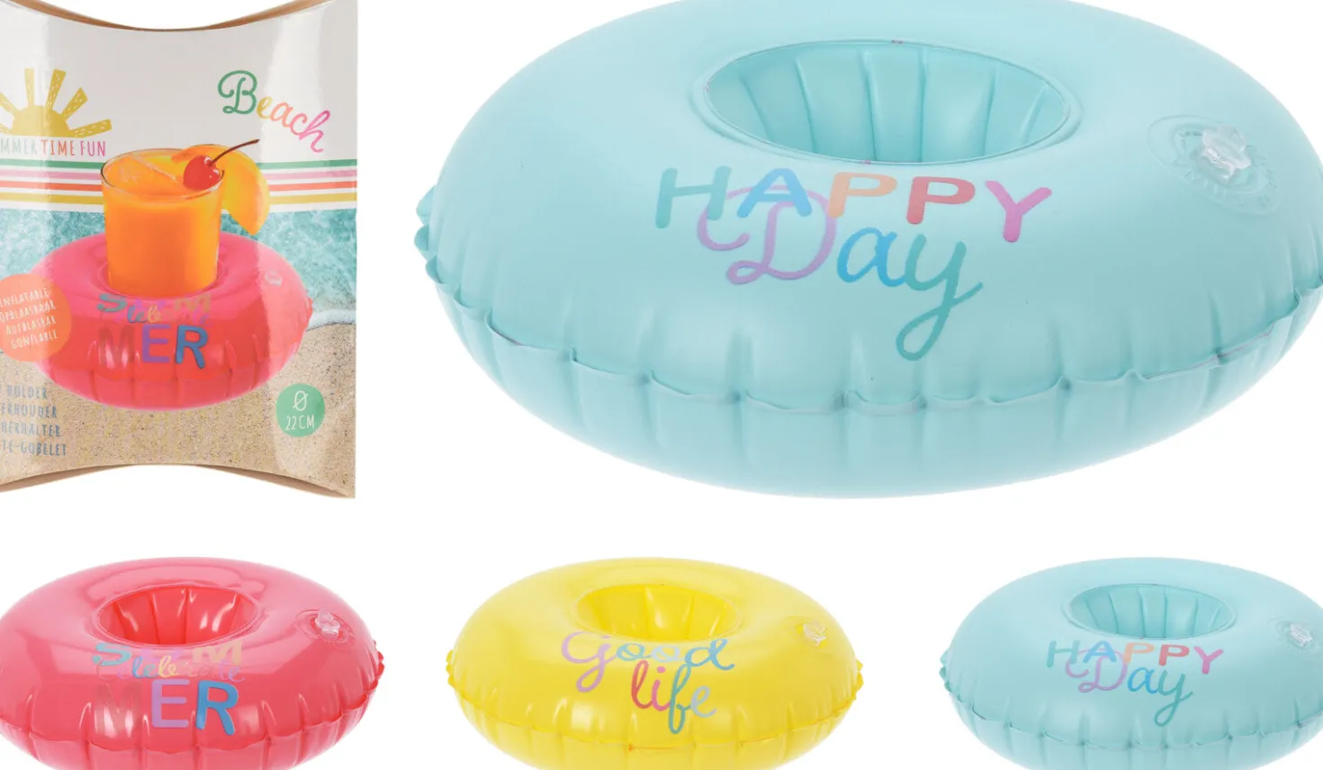 Juomatölkin pidike puhallettava, lajitelmatuote 3 erilaista