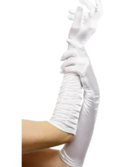 Käsineet, valkoinen satiini rypytyksellä 46 cm