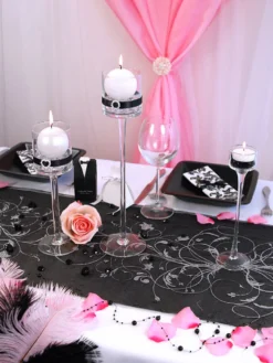 Musta organza hopeakuviolla 900 x 36 cm