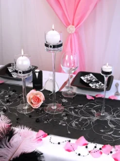 Musta organza hopeakuviolla 900 x 36 cm