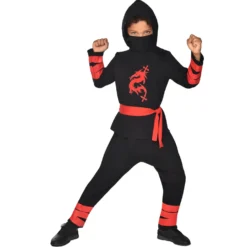 Ninja taistelija musta punainen 6-8 v 116-128 cm