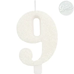 Numerokynttilä 9 valkoinen kimalle 9,5 cm