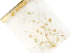 Organza valkoinen kultakuviolla 900 x 36 cm