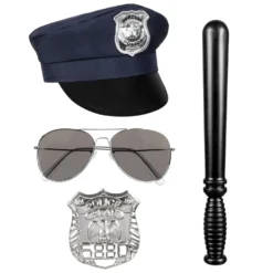 Poliisi asustesetti; hattu,lasit,pamppu ja virkamerkki