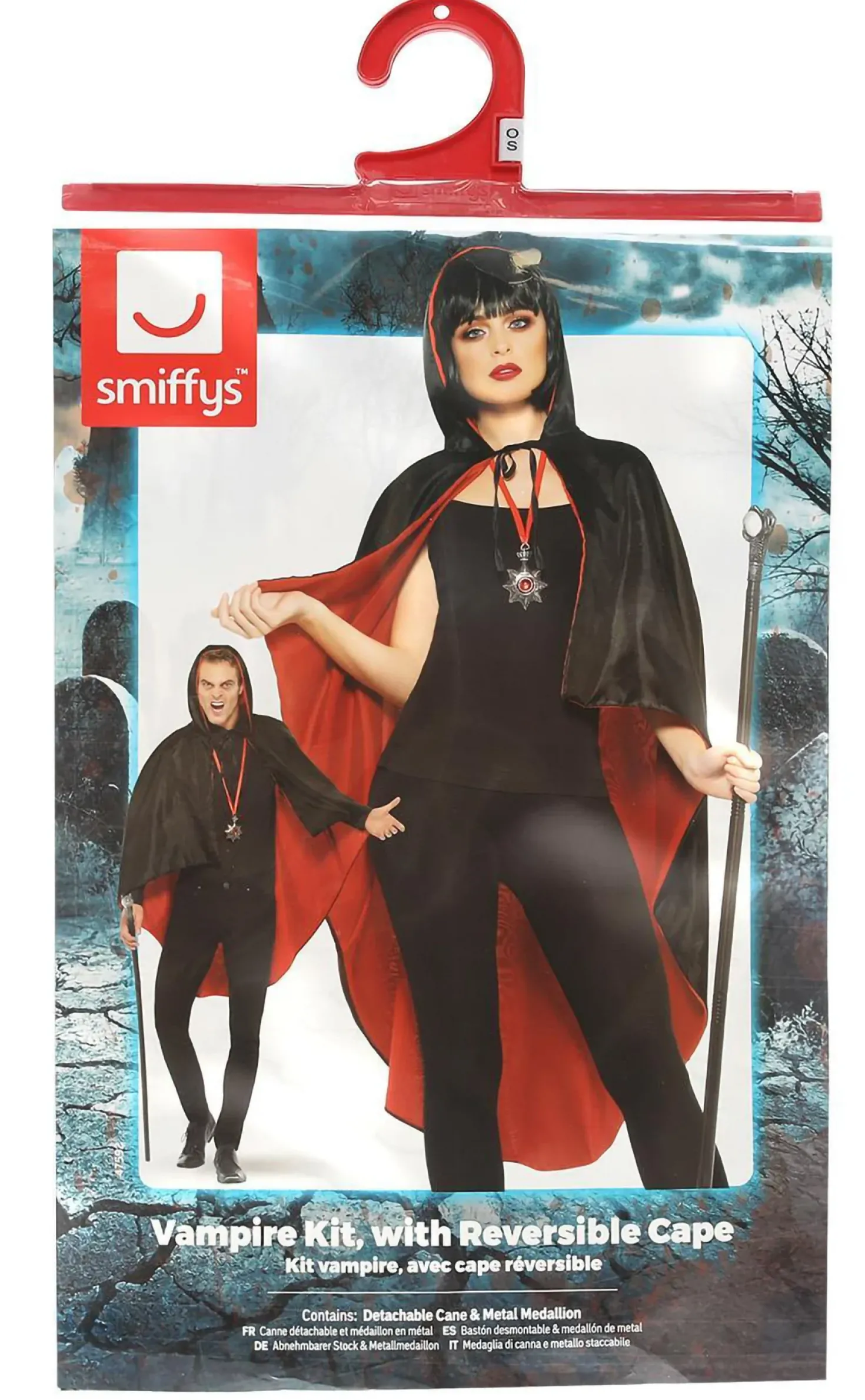 Vampyyrin asusetti; viitta, sauva ja medaljonki
